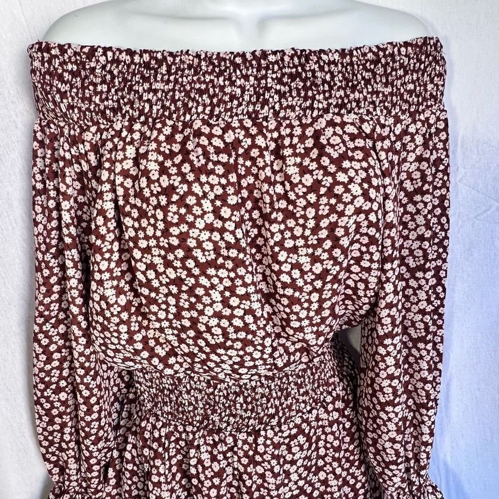 Falling Love Women's Brown Off The Shoulder Ruffle Cinched Waist Romper Size Sma - Picture 3 of 8